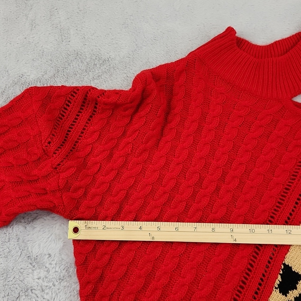 Womens Ribbed Cable knit Red and Leopard Print one shoulder Pullover turtleneck - Picture 7 of 9